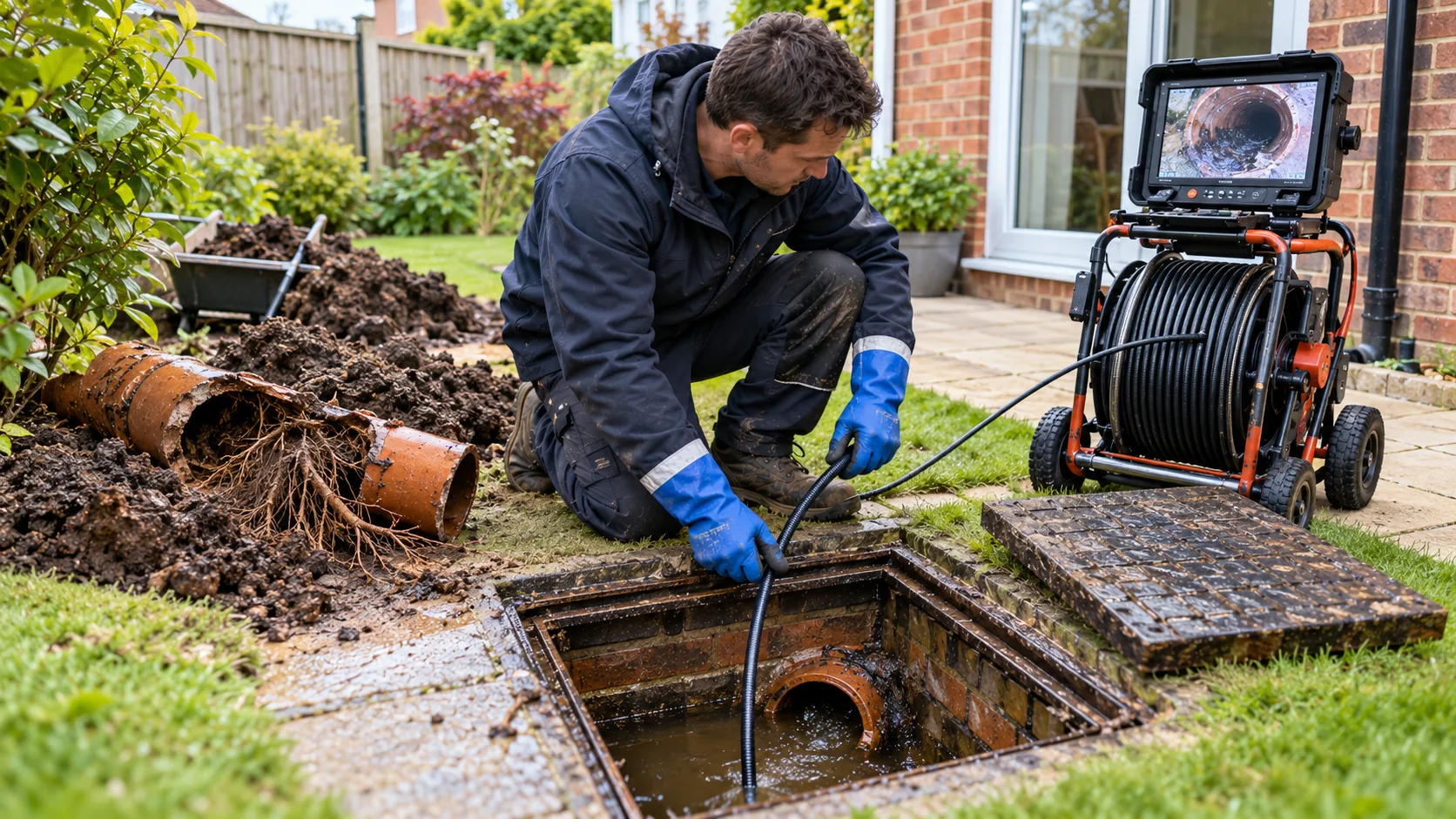 Drainage engineer inspecting an underground pipe with CCTV equipment